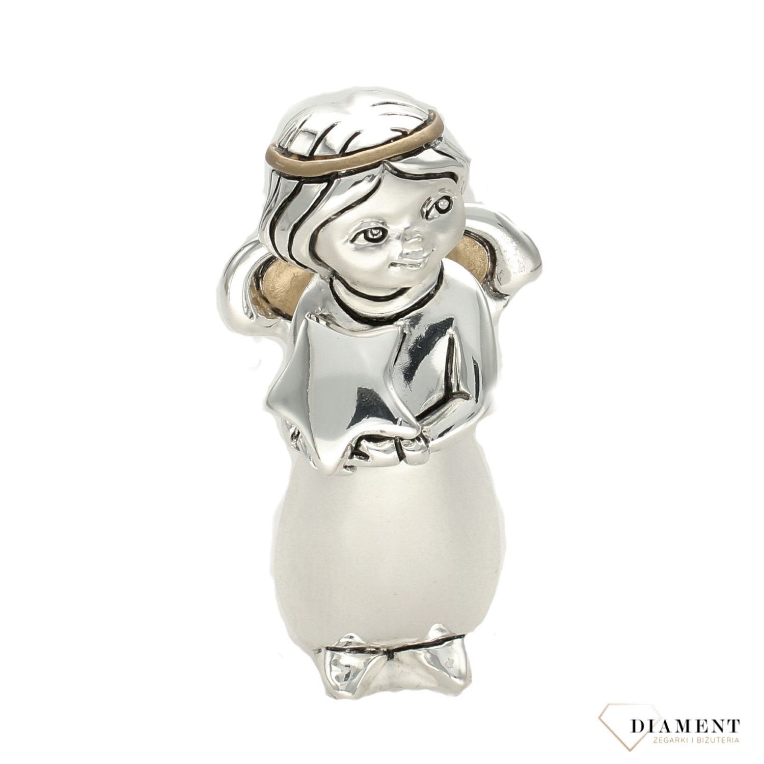 Figurka srebrna Aniołek z trzymający gwiazdkę chrzest..jpg